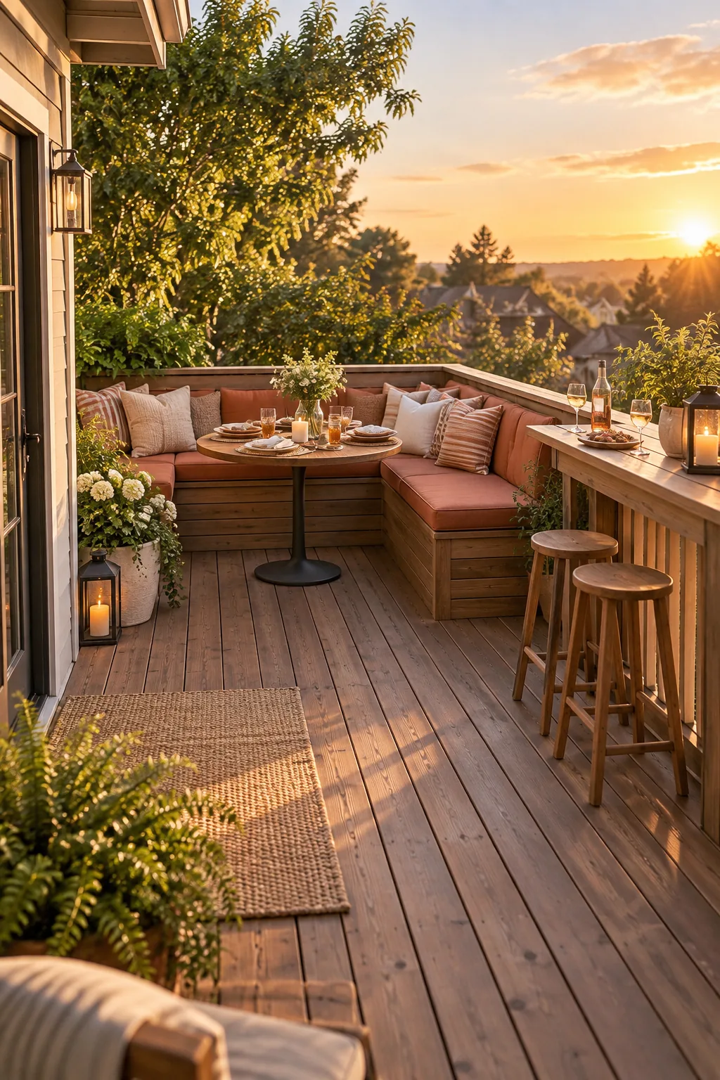A fully styled 10x10 deck featuring a corner bench, round table, and railing bar ledge ready for guests.