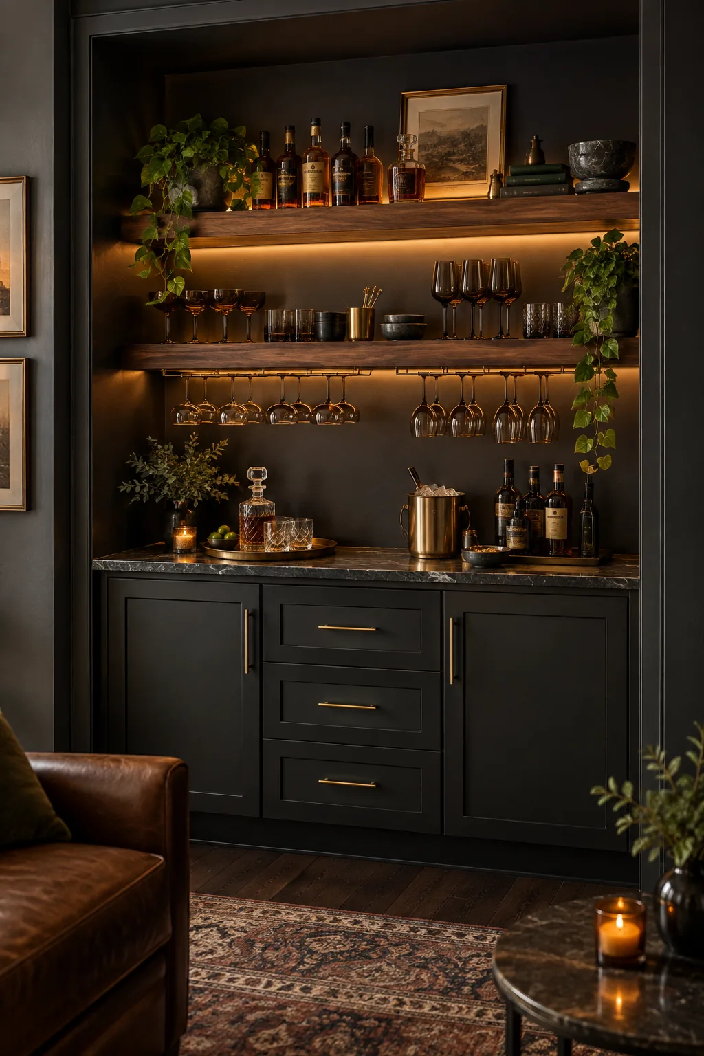 Dark charcoal dry bar with walnut shelves and smoked glassware.