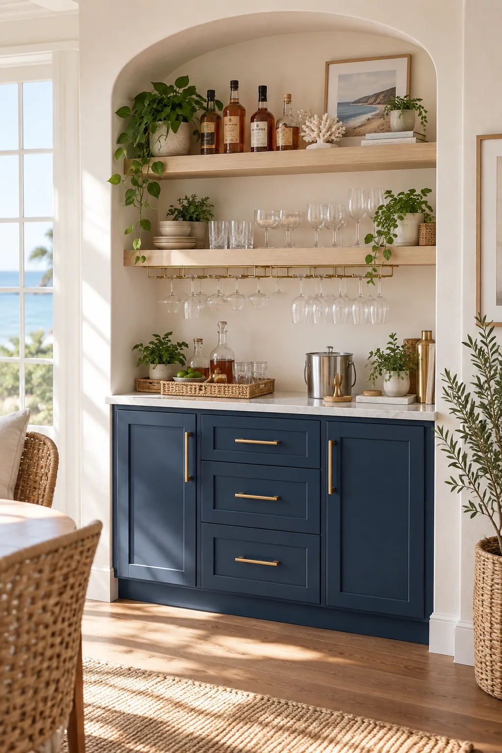 Navy blue dry bar with whitewashed oak shelves and a rattan tray.
