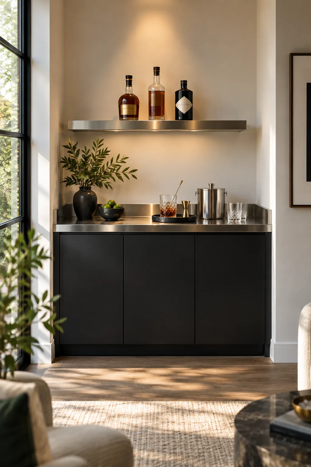 Minimalist matte black dry bar with a stainless steel counter and single metal shelf.