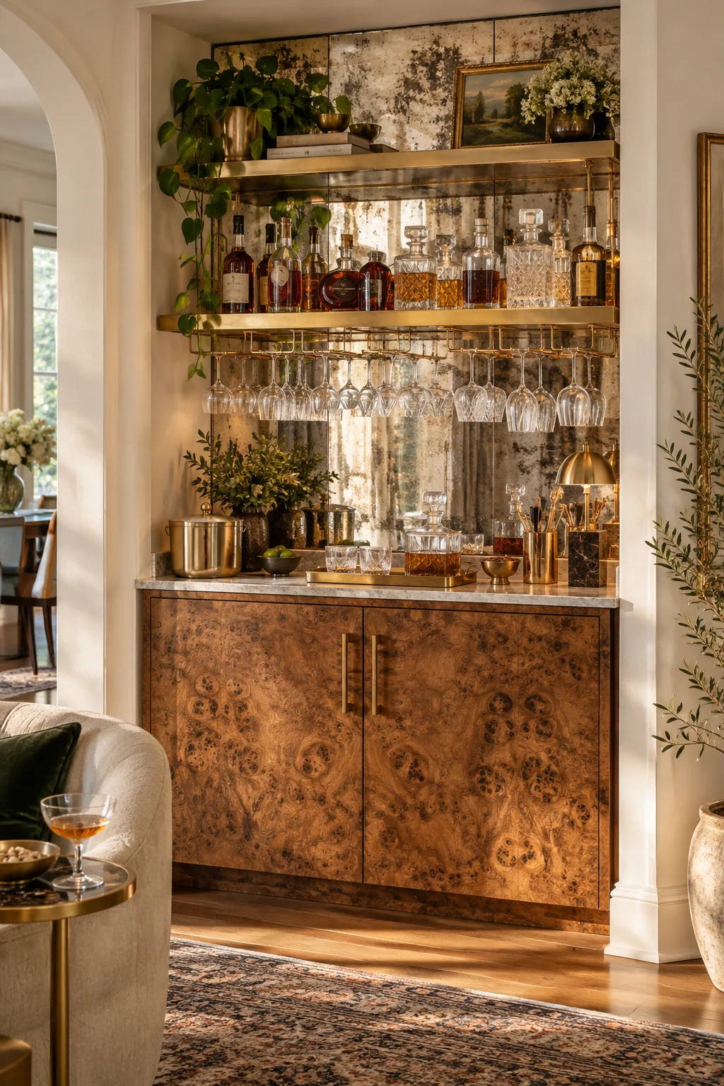 Burl wood dry bar with an antiqued mirror backsplash and crystal decanters.