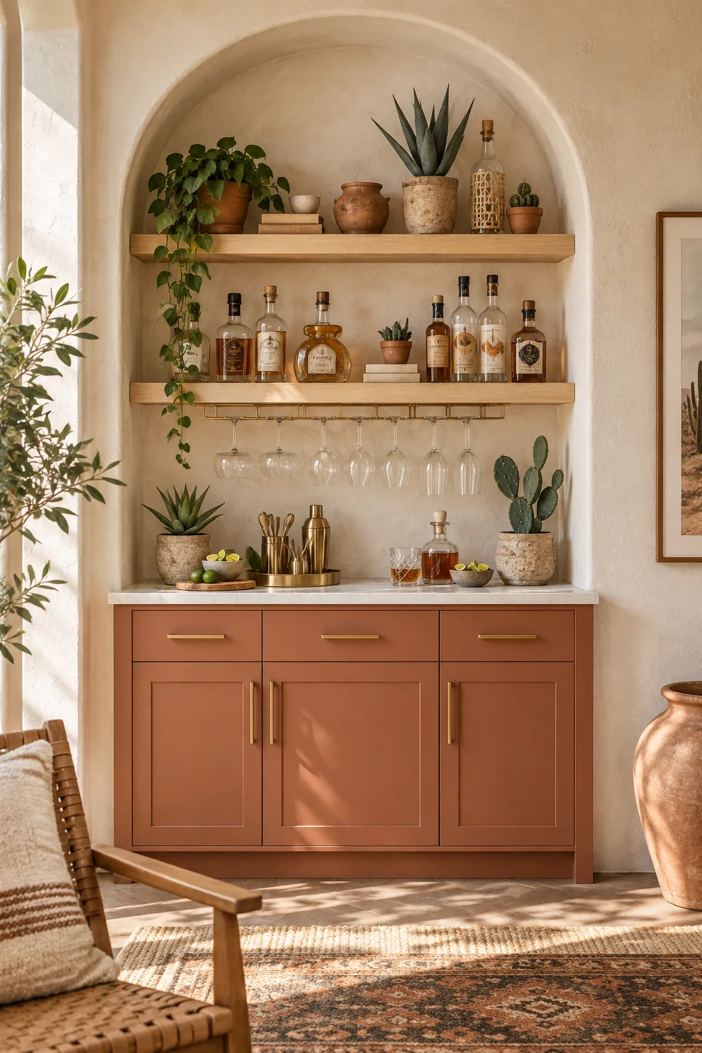 Terracotta dry bar in an arched plaster alcove with raw pine shelves.