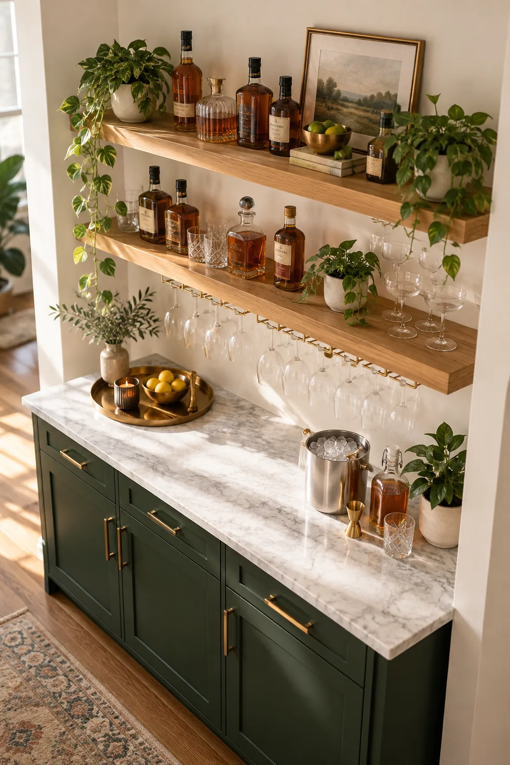 Two floating oak shelves stocked with liquor bottles against a white wall.