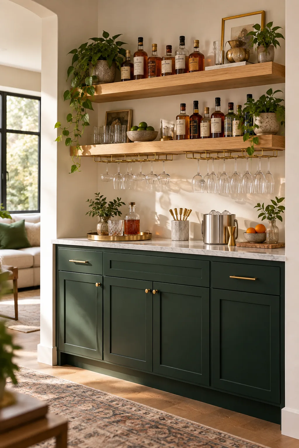 Brass glass rack mounted under an oak shelf holding upside-down wine glasses.
