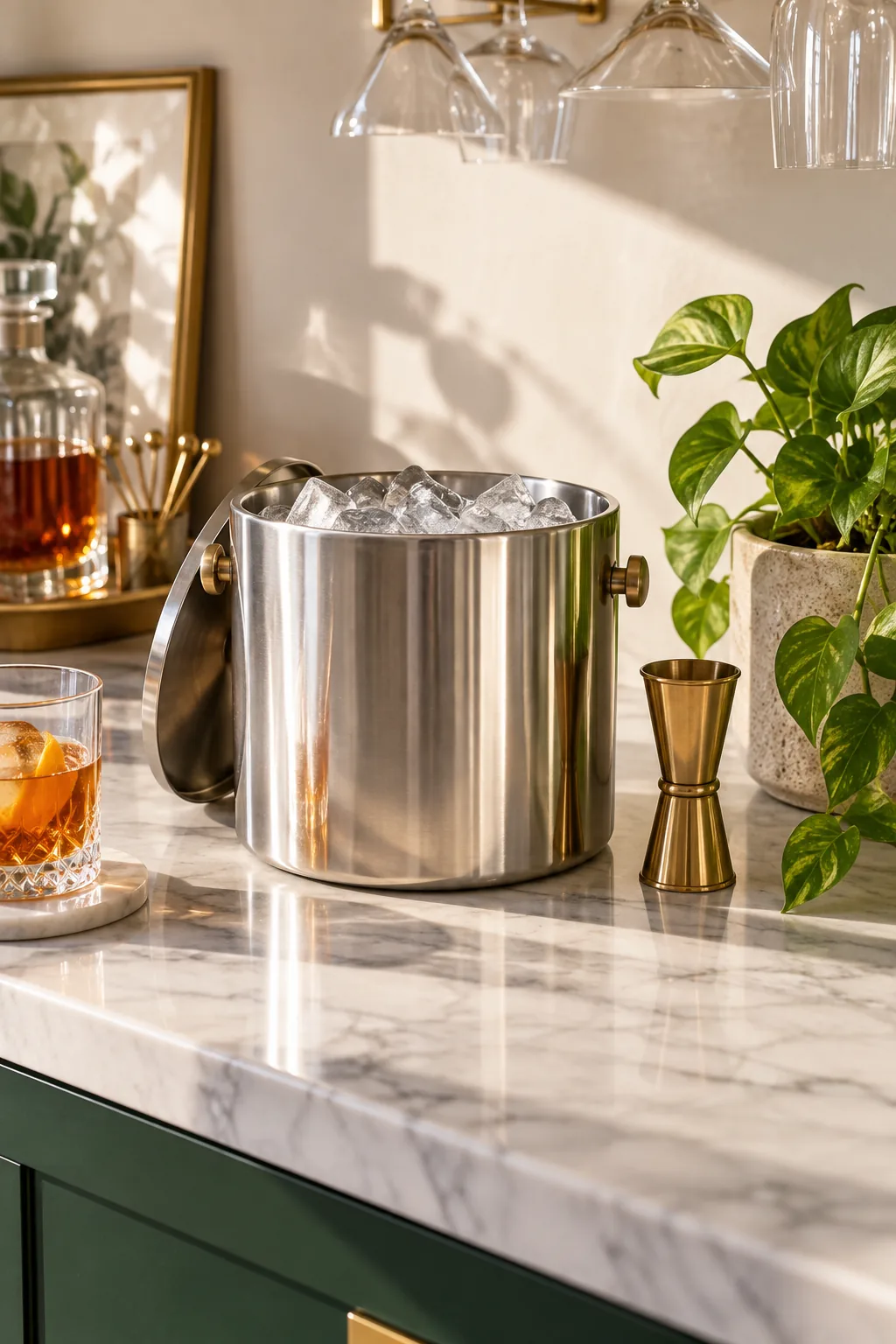 Stainless steel double-wall ice bucket filled with ice on a marble counter.