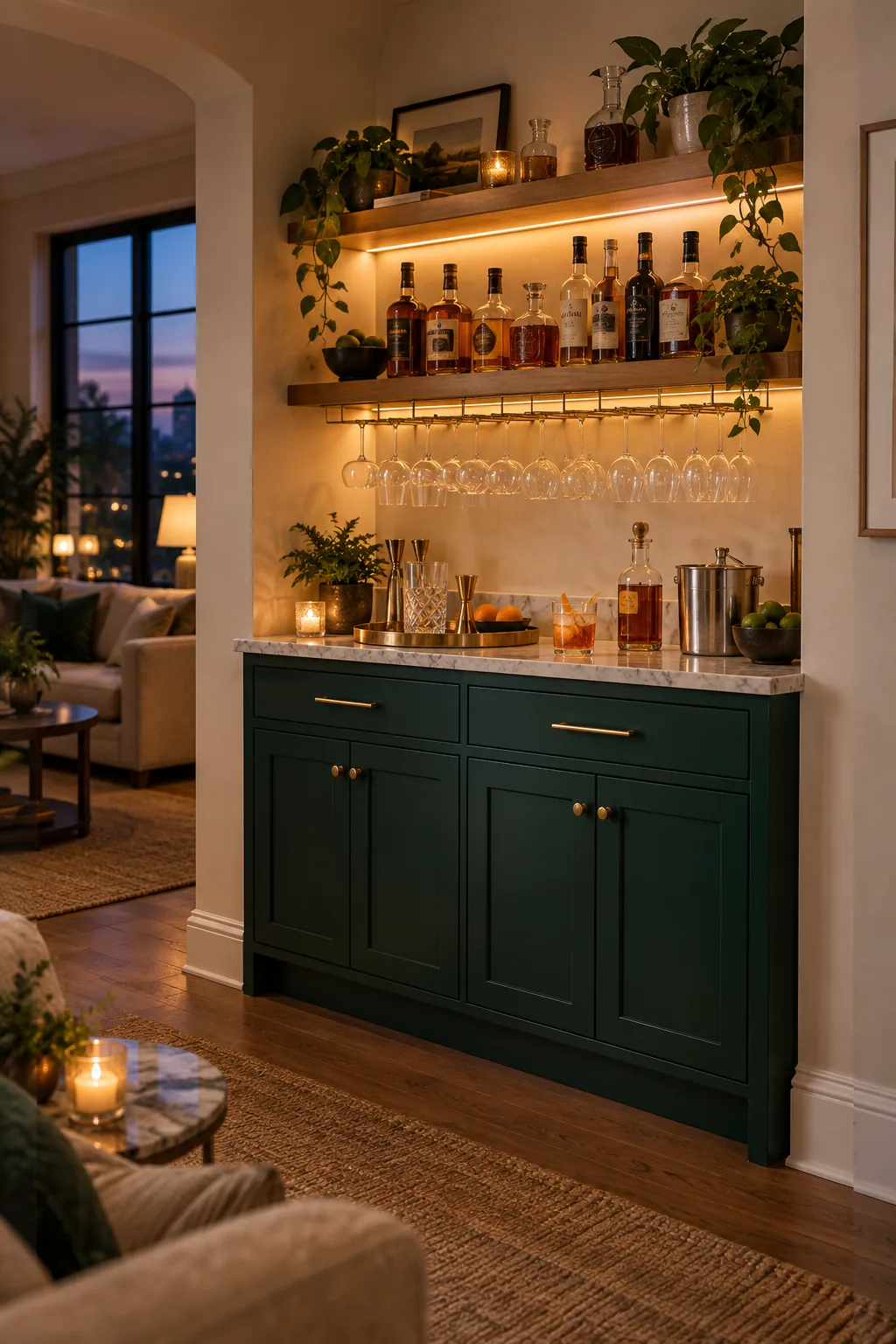 Emerald green 48-inch dry bar with glowing lights, stocked shelves, and brass hardware.