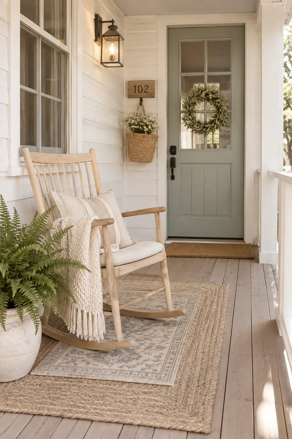 A slim wooden rocking chair on a narrow porch with layered rugs