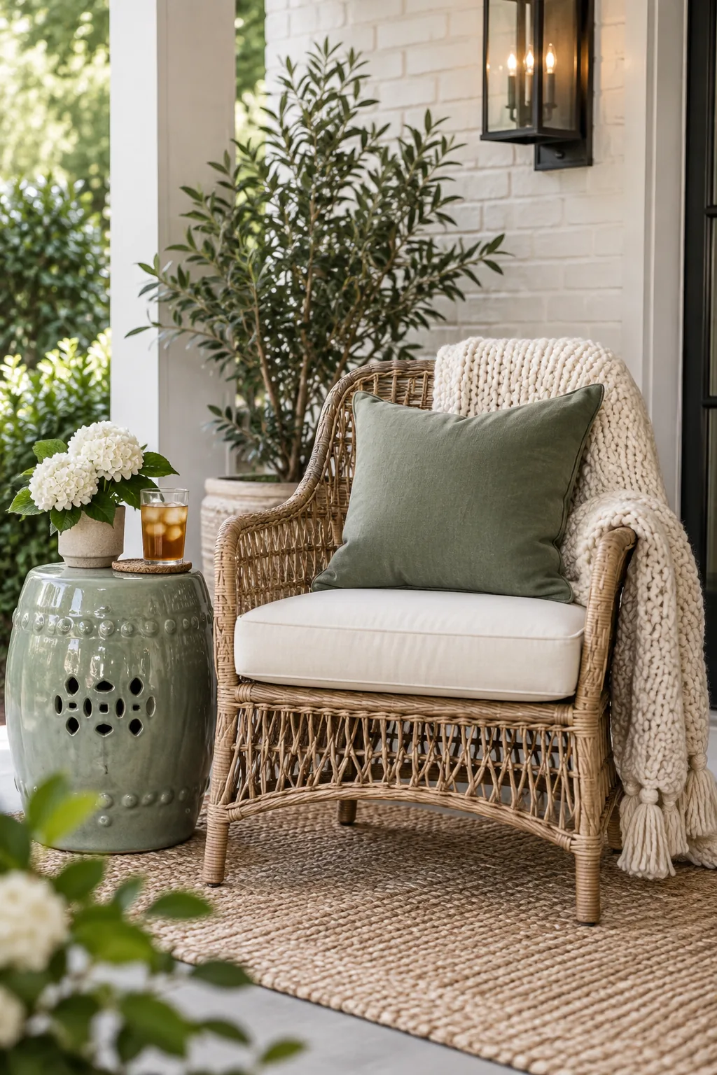 A woven rattan chair tucked into a porch corner with a knit blanket