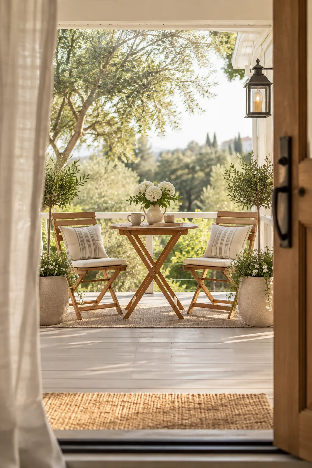 Two folding bistro chairs placed symmetrically on a small front porch