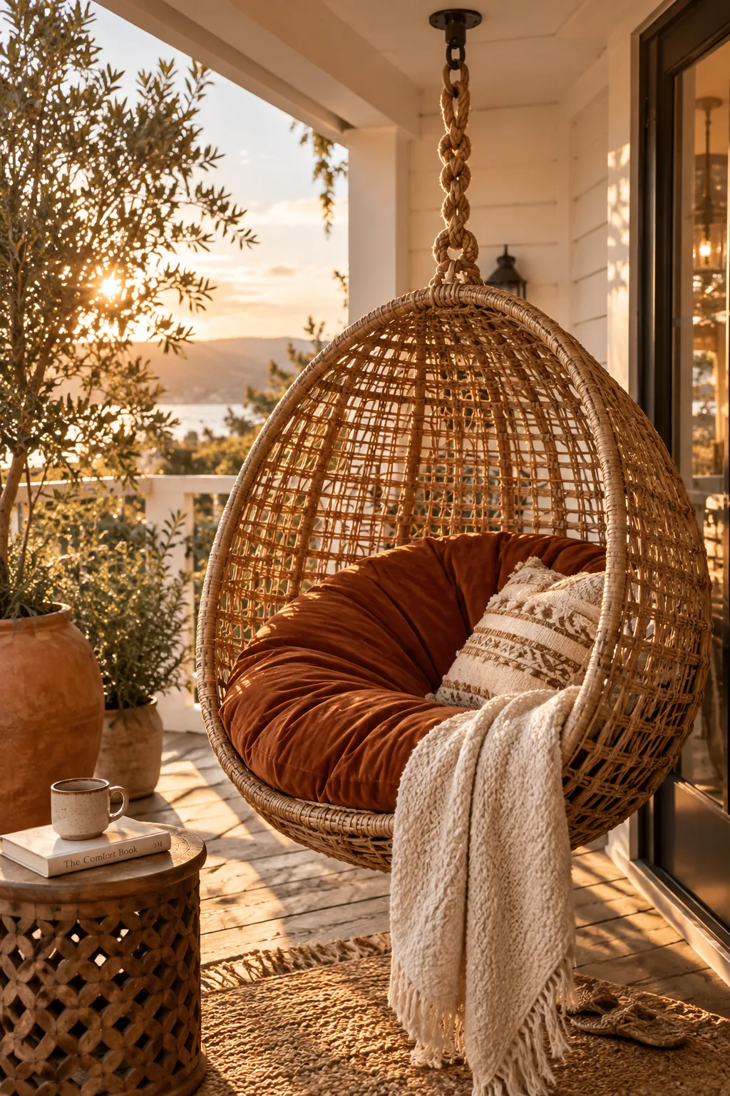 A hanging egg chair on a small porch with a round cushion