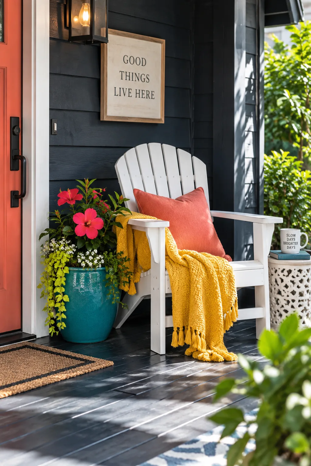 A bright white Adirondack chair on a dark painted porch