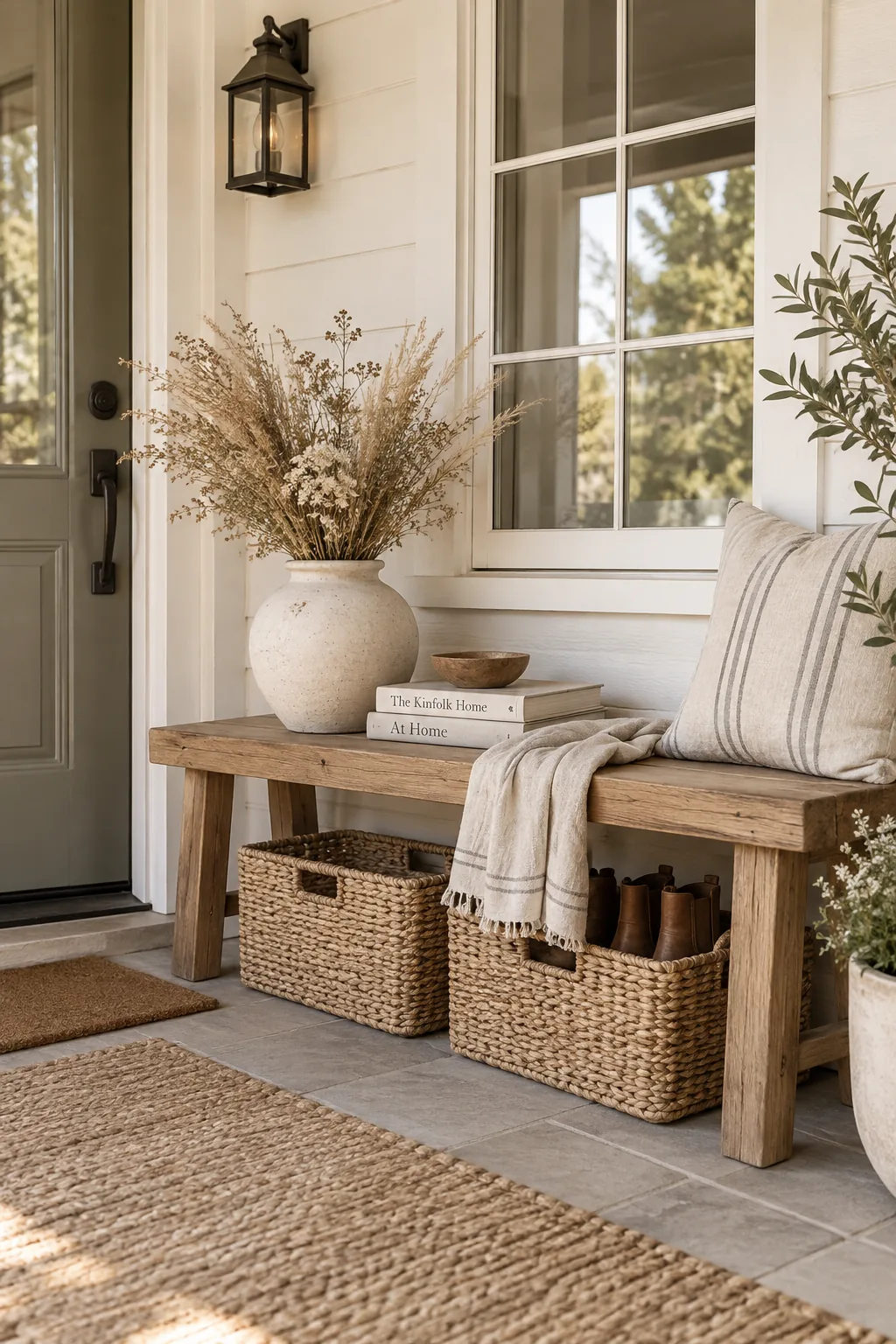 A backless wooden bench on a porch with woven baskets underneath