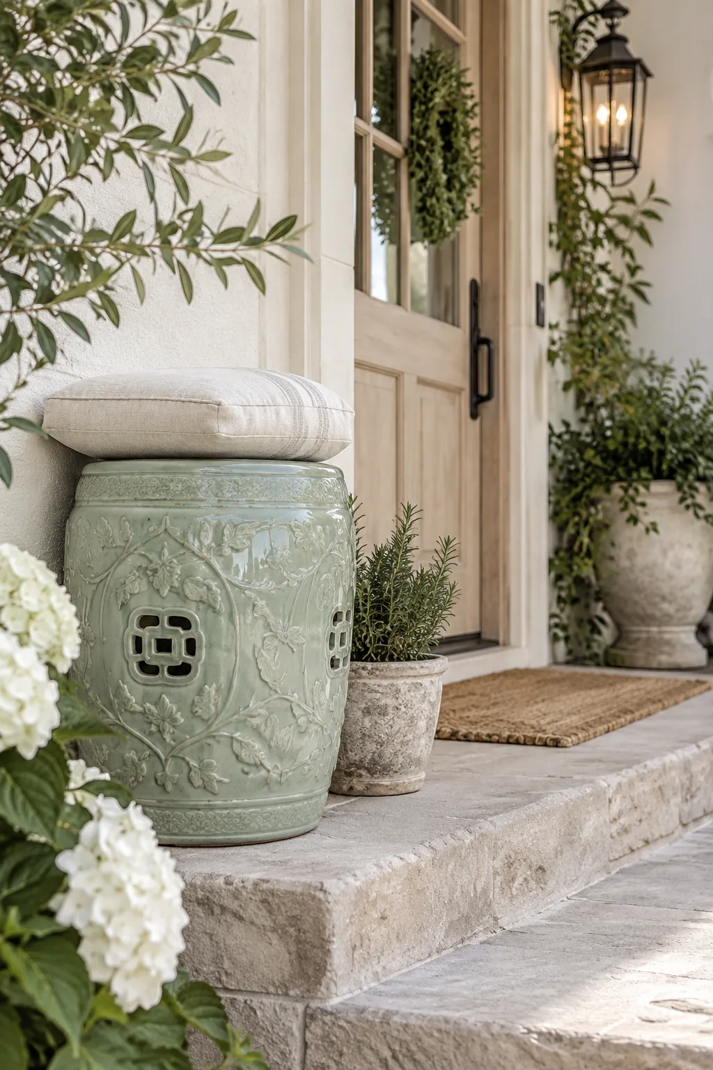 A ceramic garden stool used as a seat next to potted plants