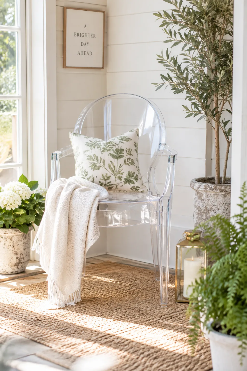 A clear acrylic ghost chair on a small enclosed porch