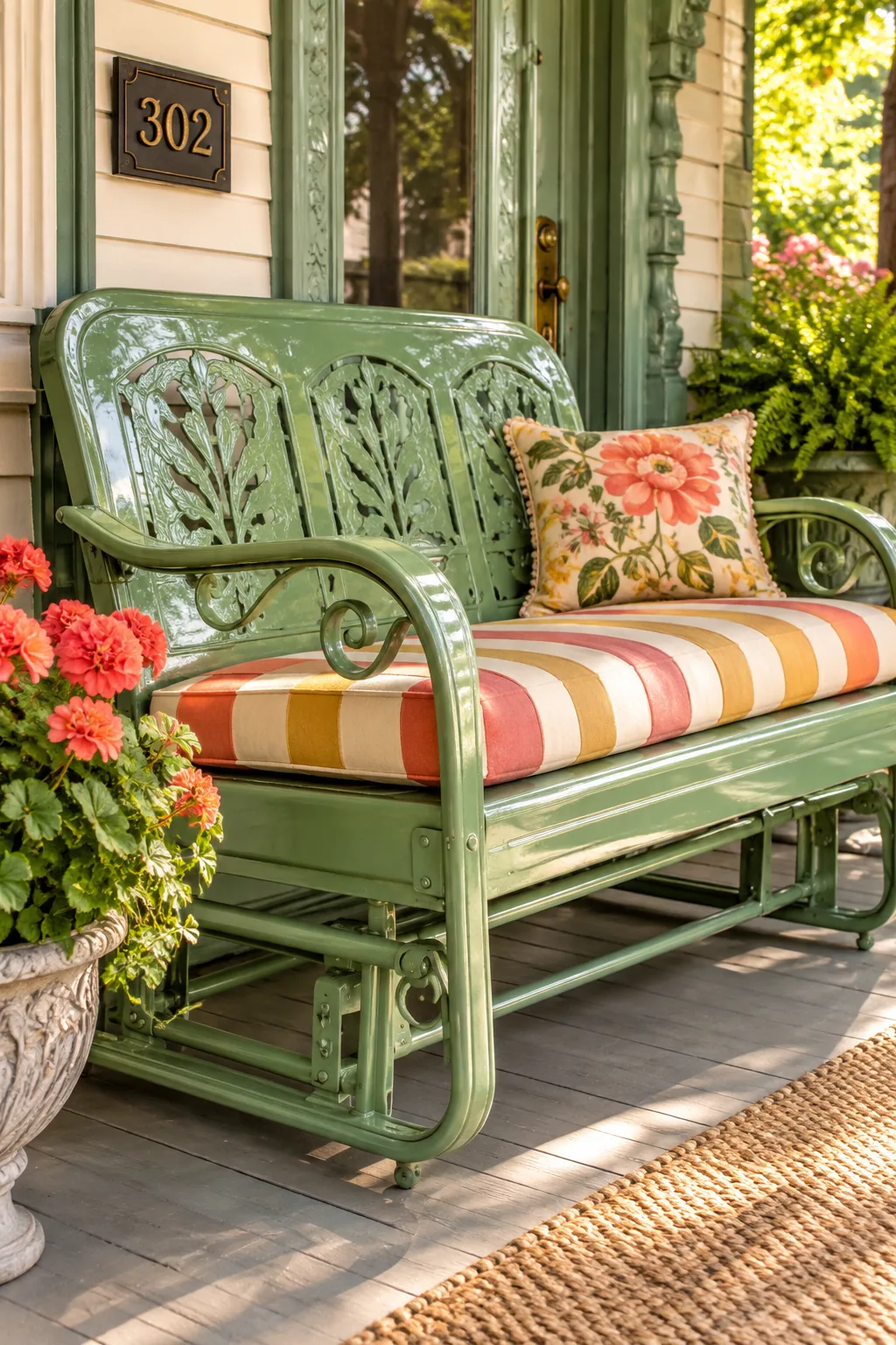 A sage green vintage metal glider with a striped cushion