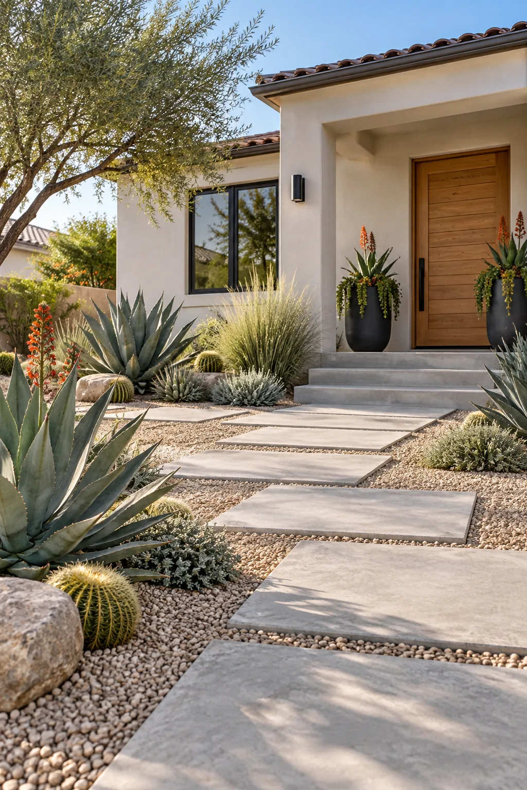 A modern desert front yard with crushed gravel, concrete paver pads, and architectural agave plants.
