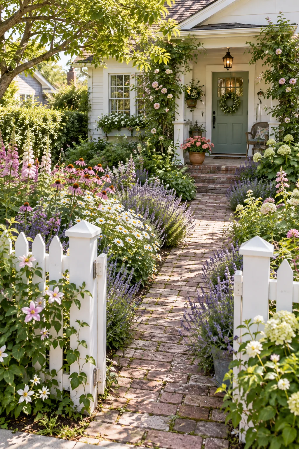 A cottage style front yard with a brick path, overflowing wildflowers, and a low white picket fence.