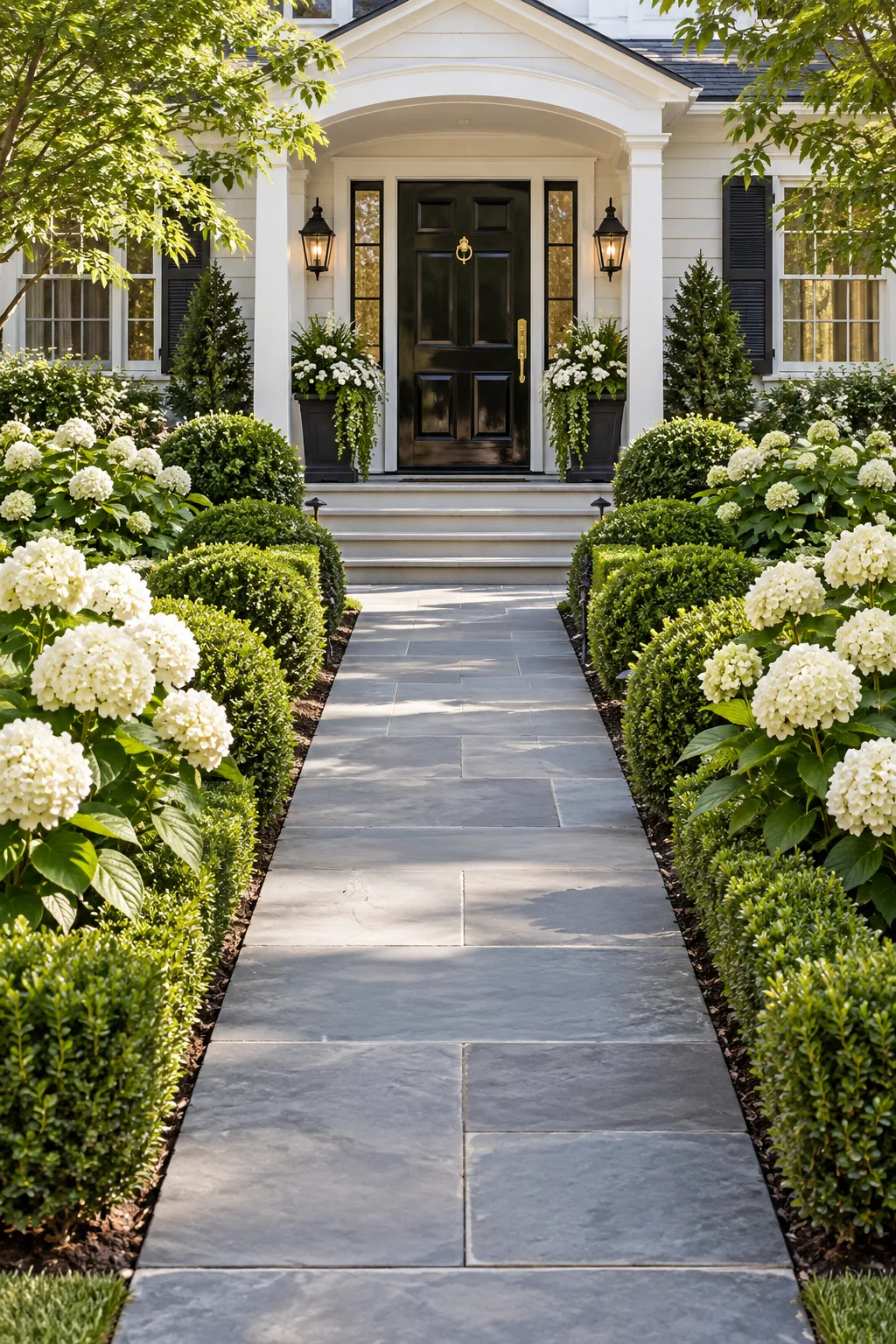 A formal front yard with a straight bluestone path, symmetrical boxwoods, white hydrangeas, and a black door.