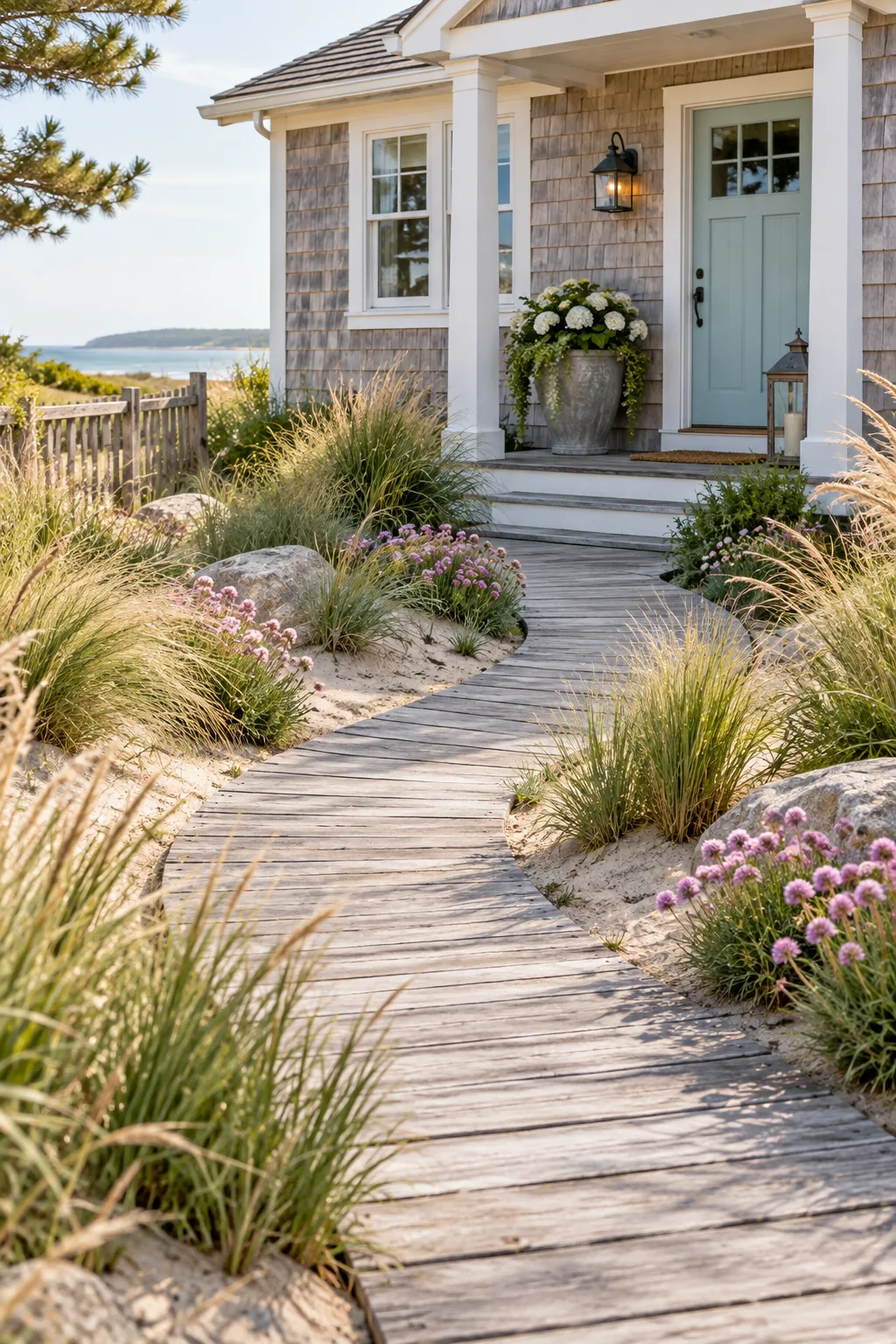 A coastal front yard with a wooden boardwalk path, dune grasses, and sea thrift near a cedar-shingled house.