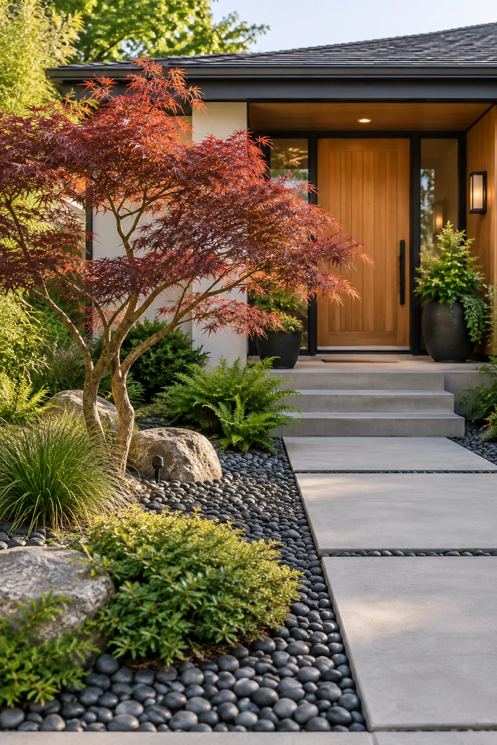 A minimalist zen front yard with dark river rock, a single Japanese maple tree, and a clean concrete path.