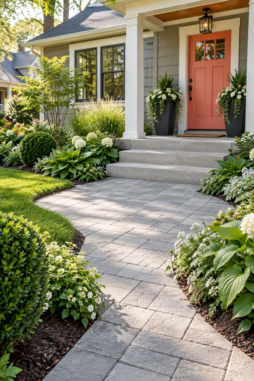 A perfectly scaled small front yard with a wide paver path dividing lush foundation beds and a neat lawn in front of a bungalow.