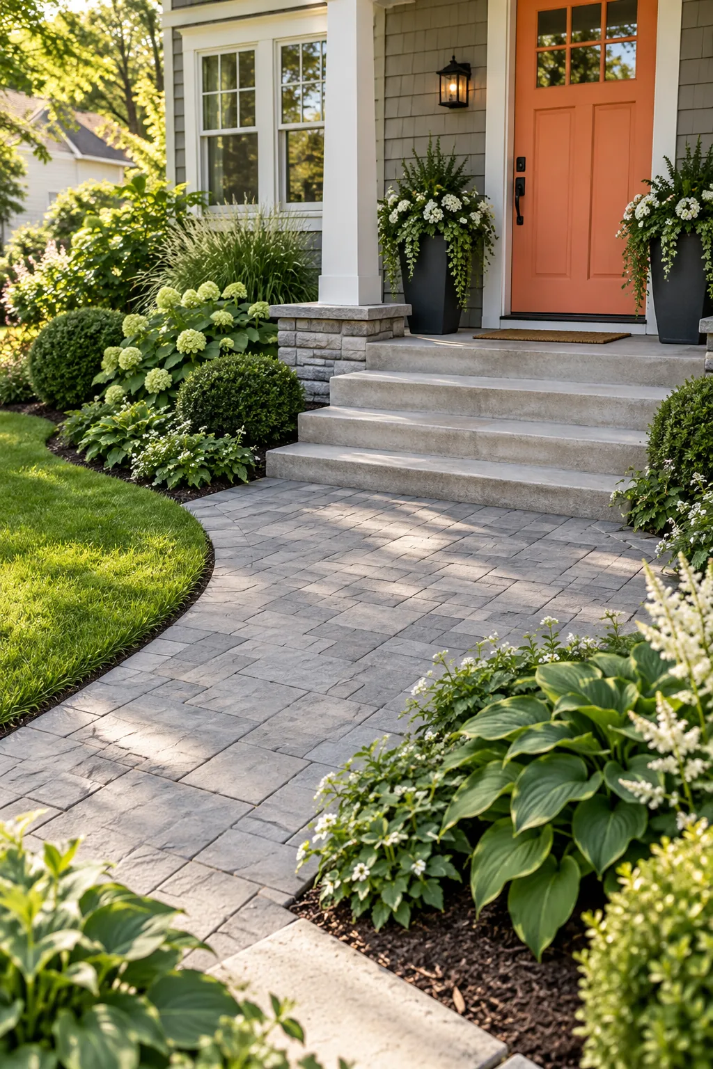A gray paver walkway flaring out widely as it meets the concrete steps of a front porch, bordered by low perennials.