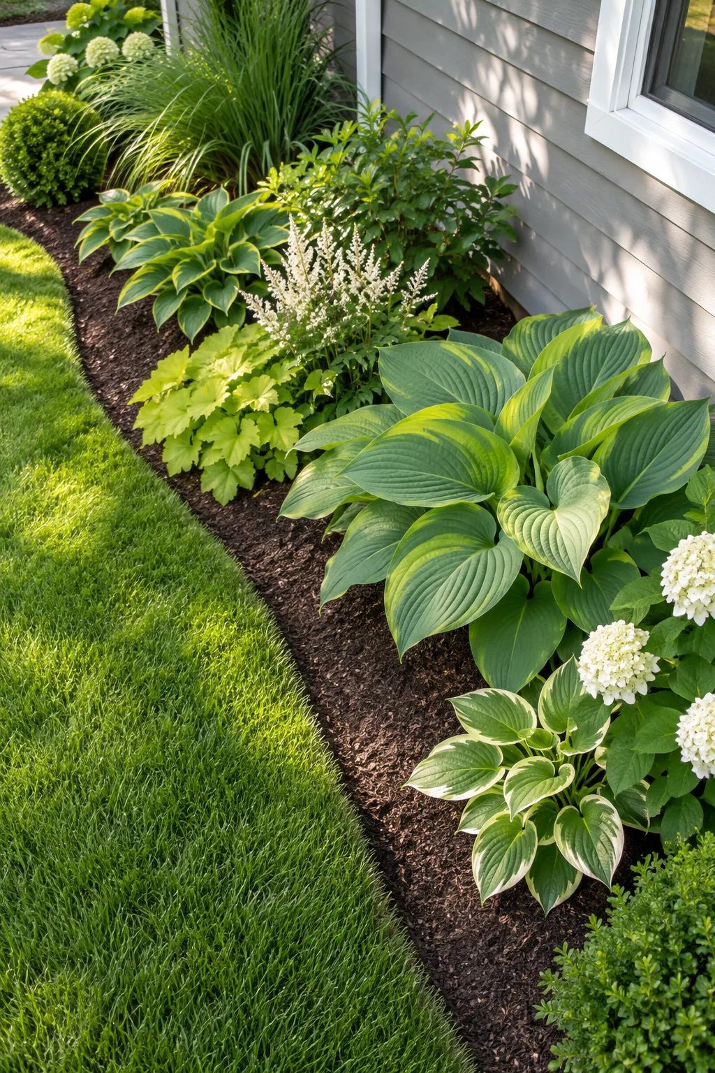 A sharp 4-inch deep trench separating a green lawn from a dark mulched garden bed containing a hosta.