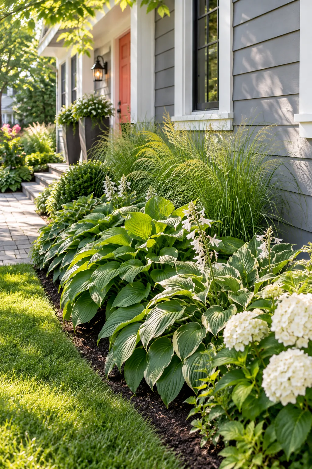 Lush mature perennials in a garden bed with a clear gap between the foliage and the gray house siding.