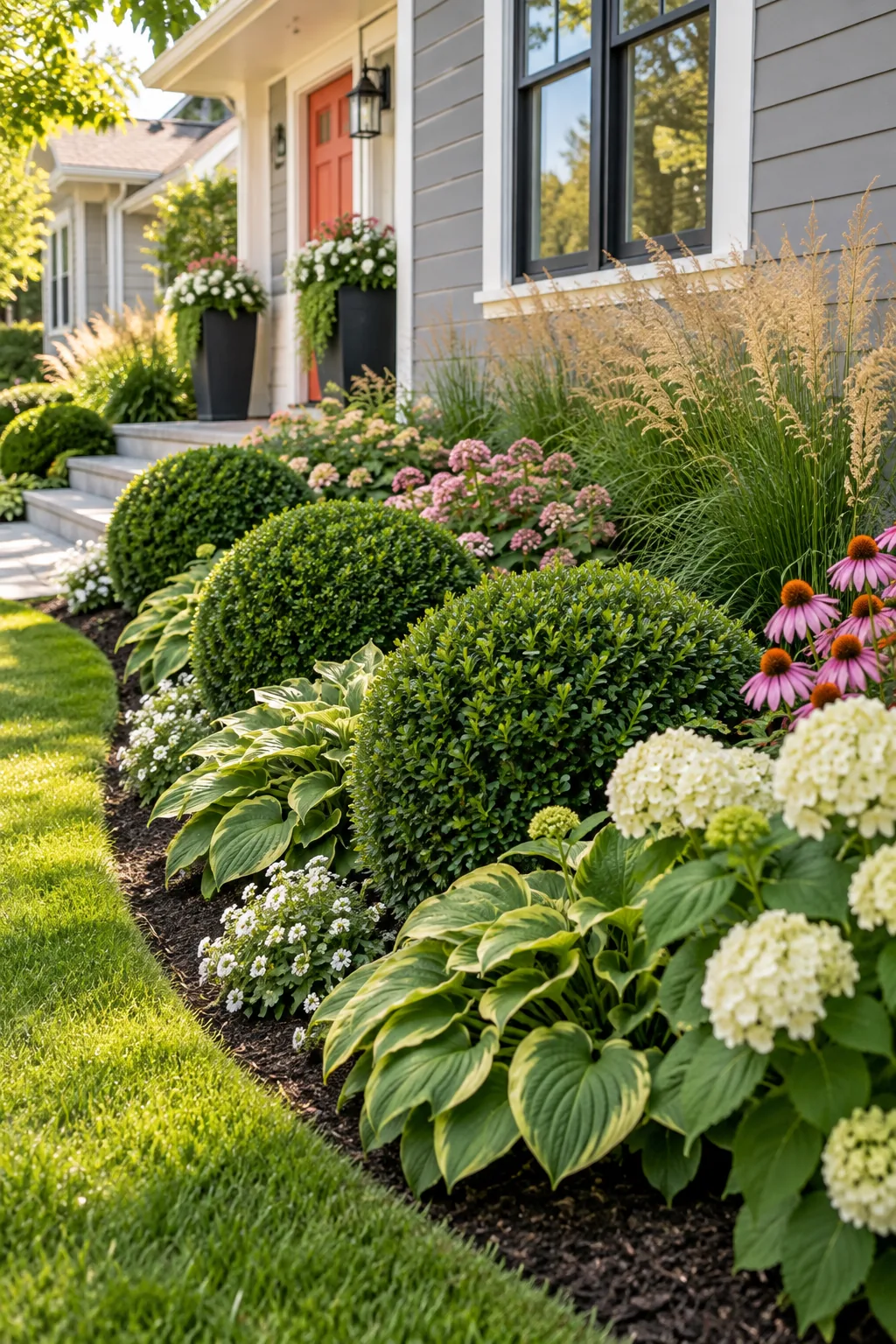 A garden bed featuring large-leaved hostas in the front and tall, feathery ornamental grasses in the back against a house.