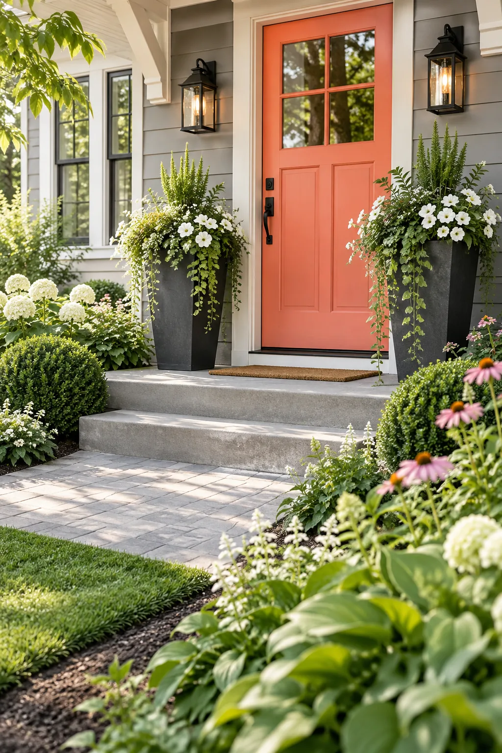 Three neatly trimmed round boxwood shrubs spaced evenly among mixed colorful perennials in a front yard.