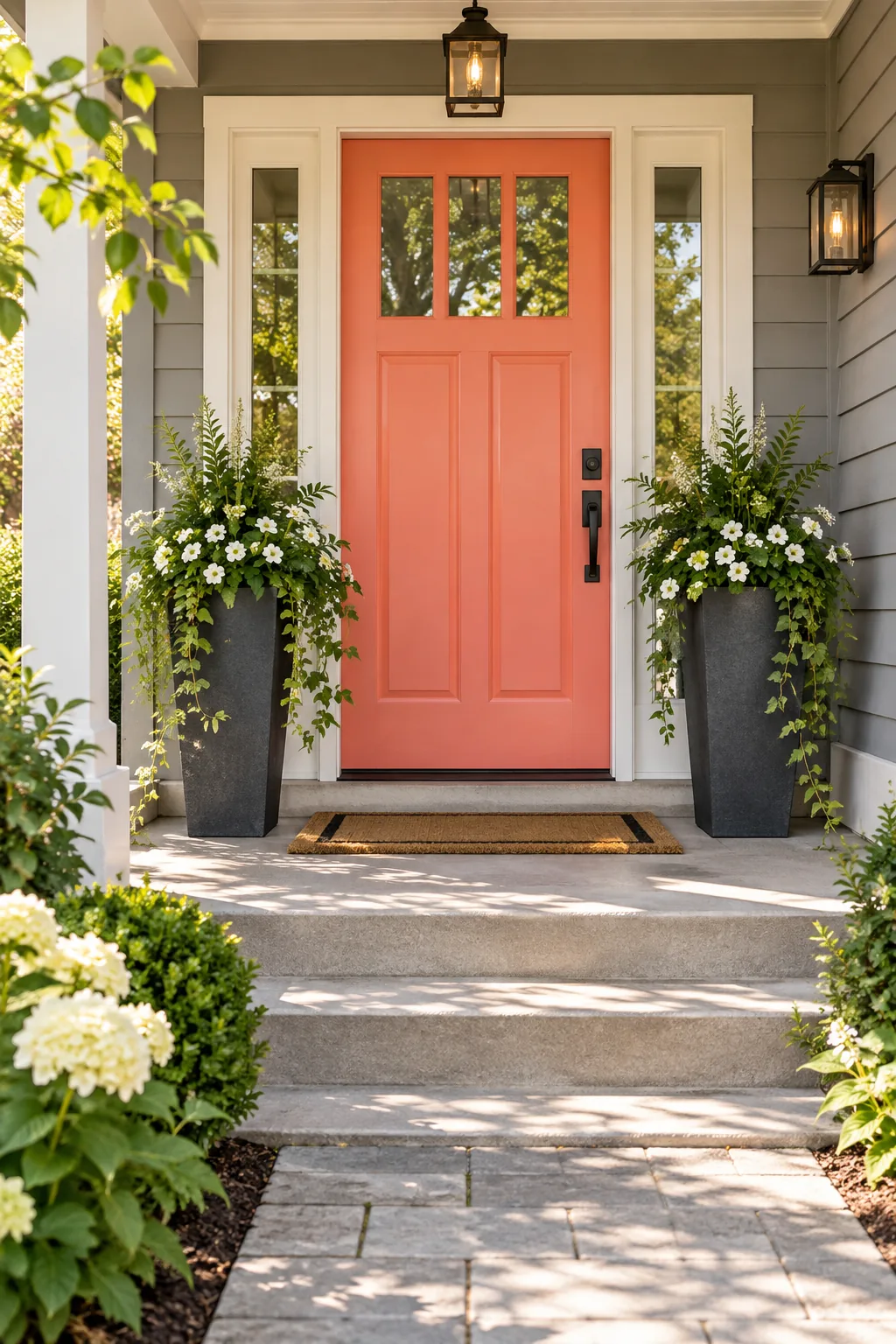A glossy coral front door flanked by two tall dark slate planters overflowing with white flowers.
