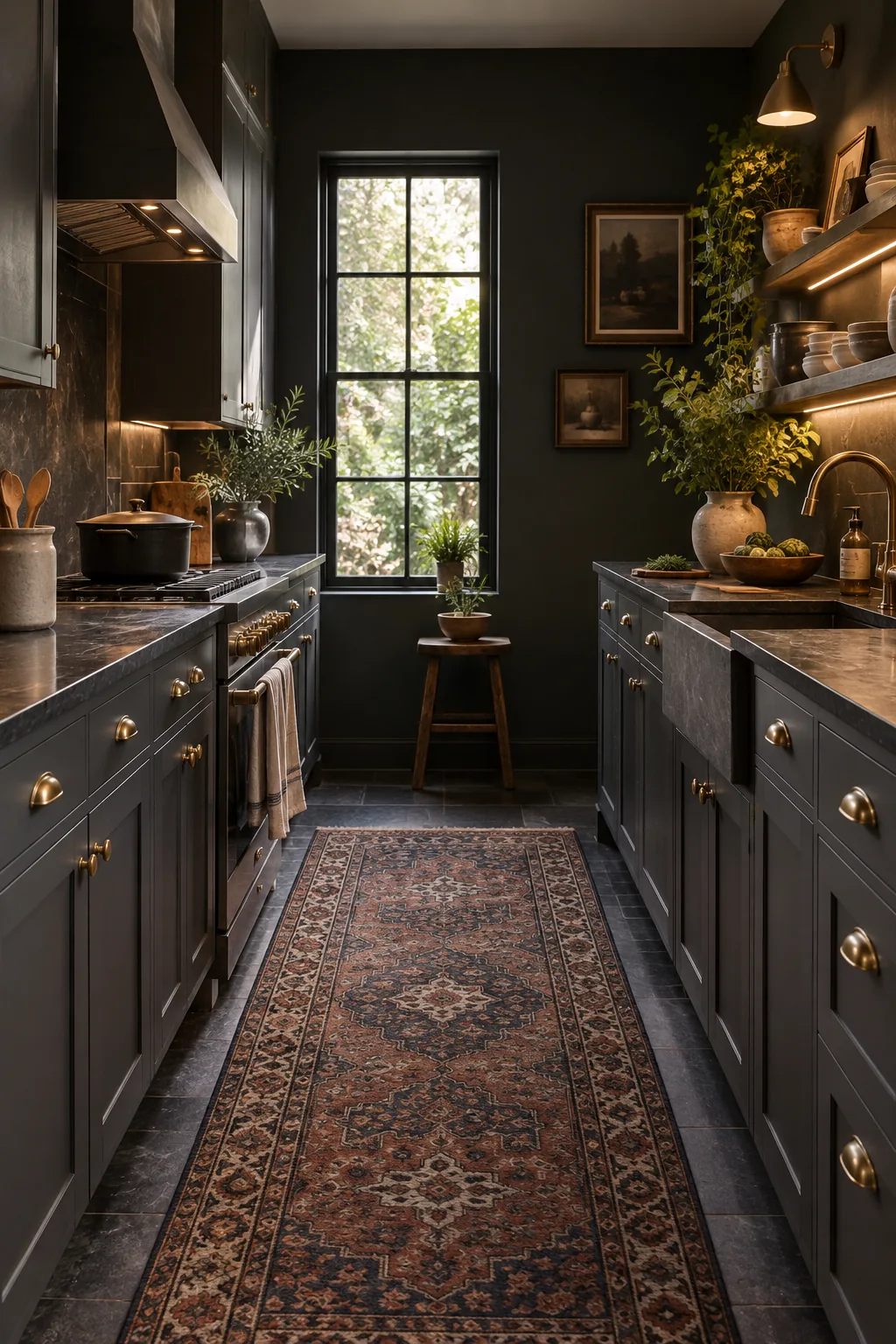 A moody galley kitchen with charcoal cabinets, dark slate walls, and a vintage Persian runner.