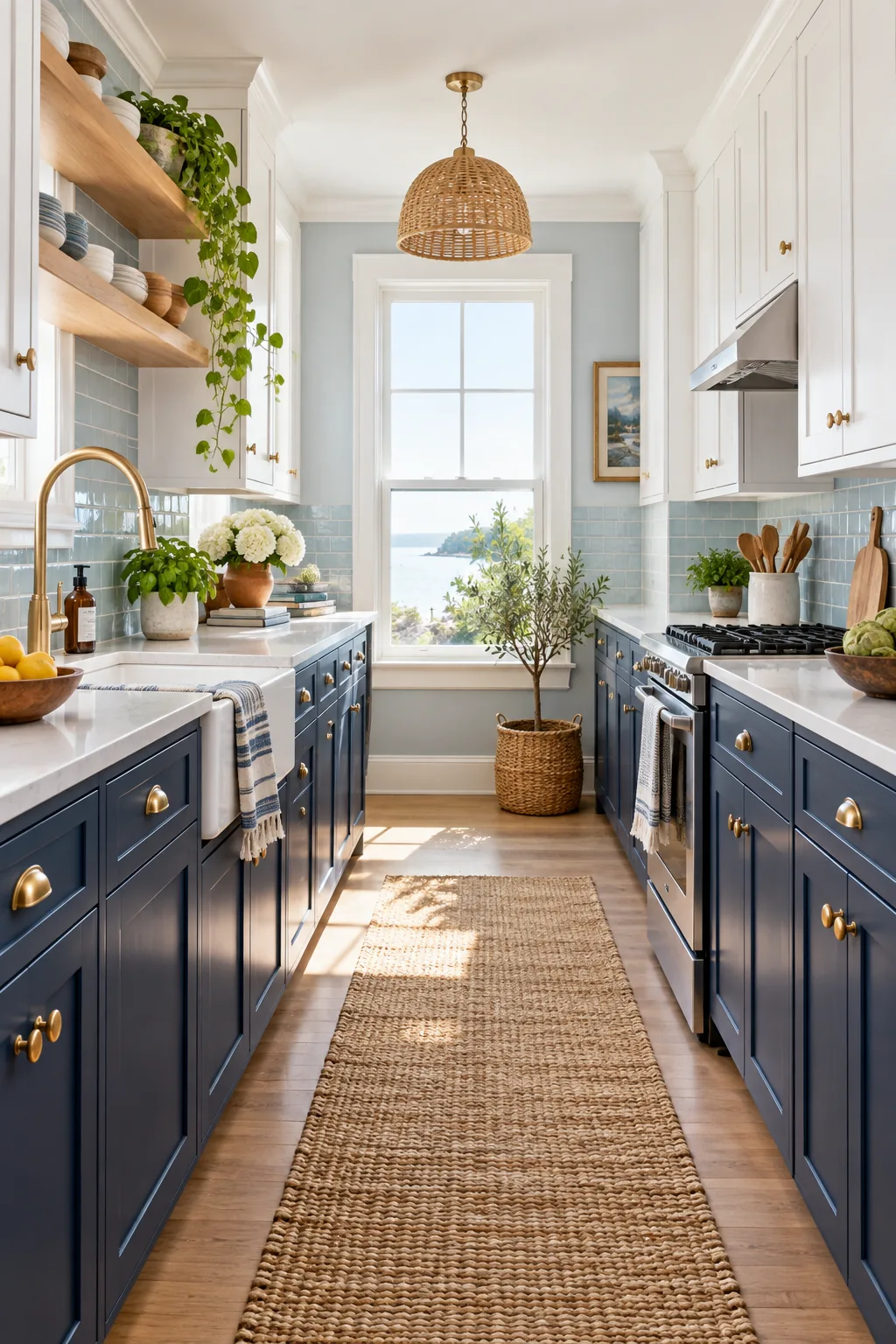 A coastal galley kitchen with navy blue lower cabinets, white uppers, and a jute floor runner.