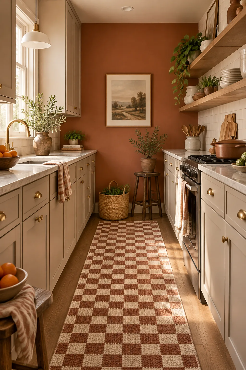 A warm earthy galley kitchen with a terracotta end wall, mushroom cabinets, and open wood shelving.