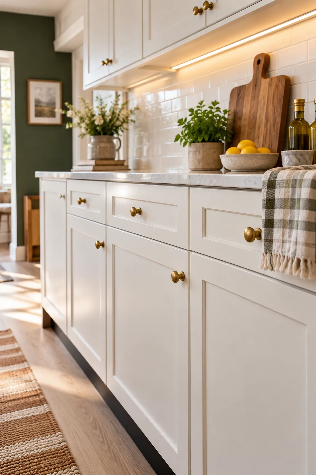 Close-up of an LED strip light mounted behind the front lip of a white upper kitchen cabinet, illuminating the counter.