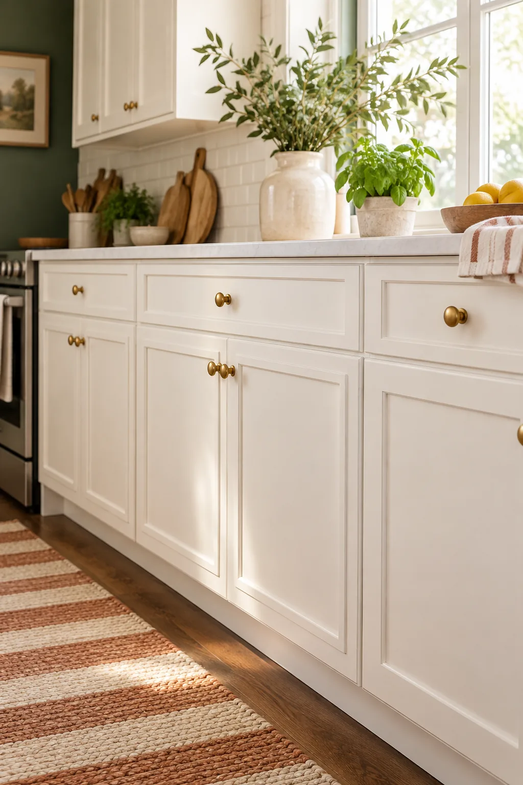 Detail shot of a white lower cabinet door with thin flat trim pieces added to create a Shaker style.