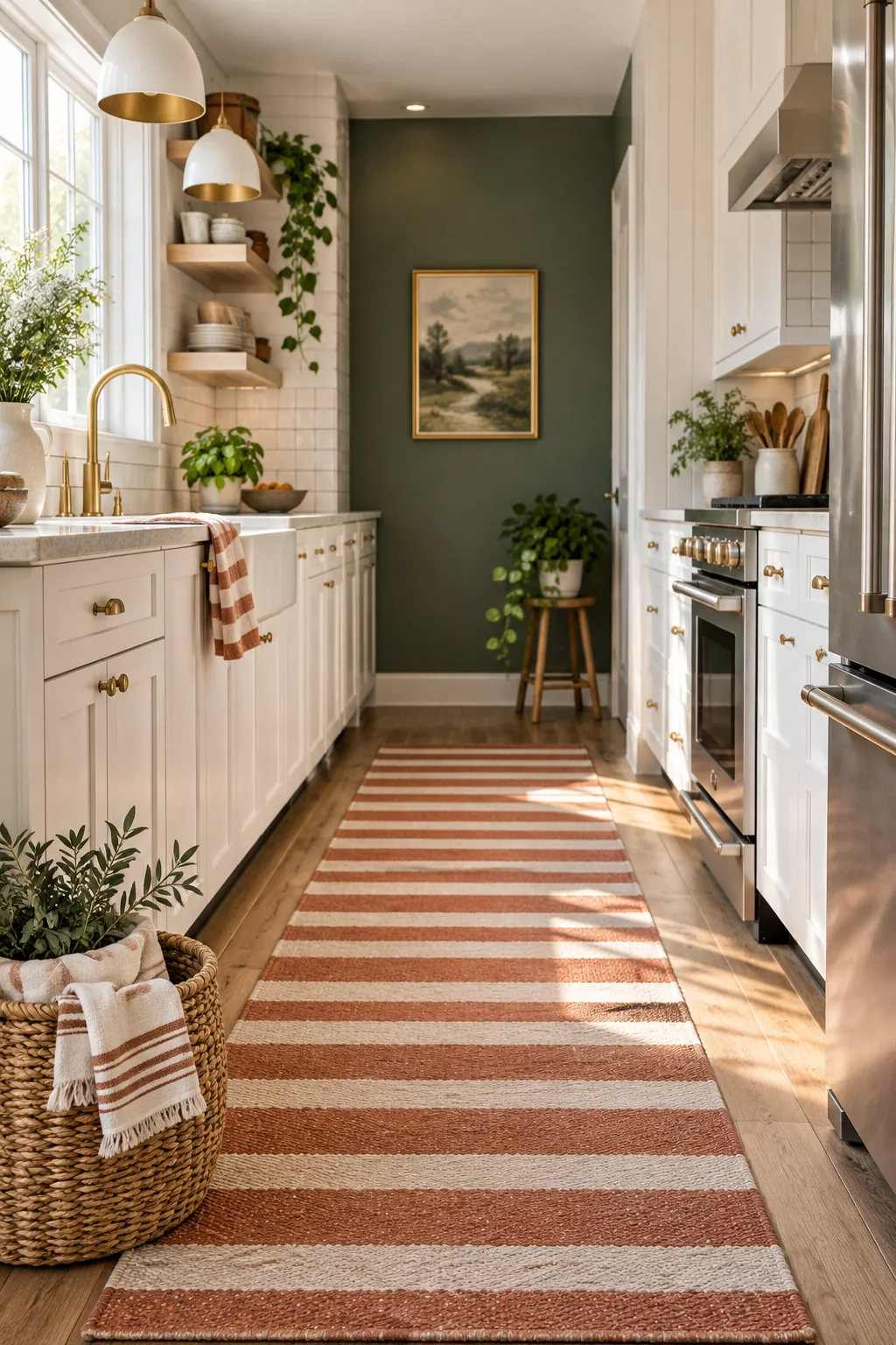 Low-angle view of a striped floor runner in a galley kitchen, bordered by black toe kicks under white cabinets.