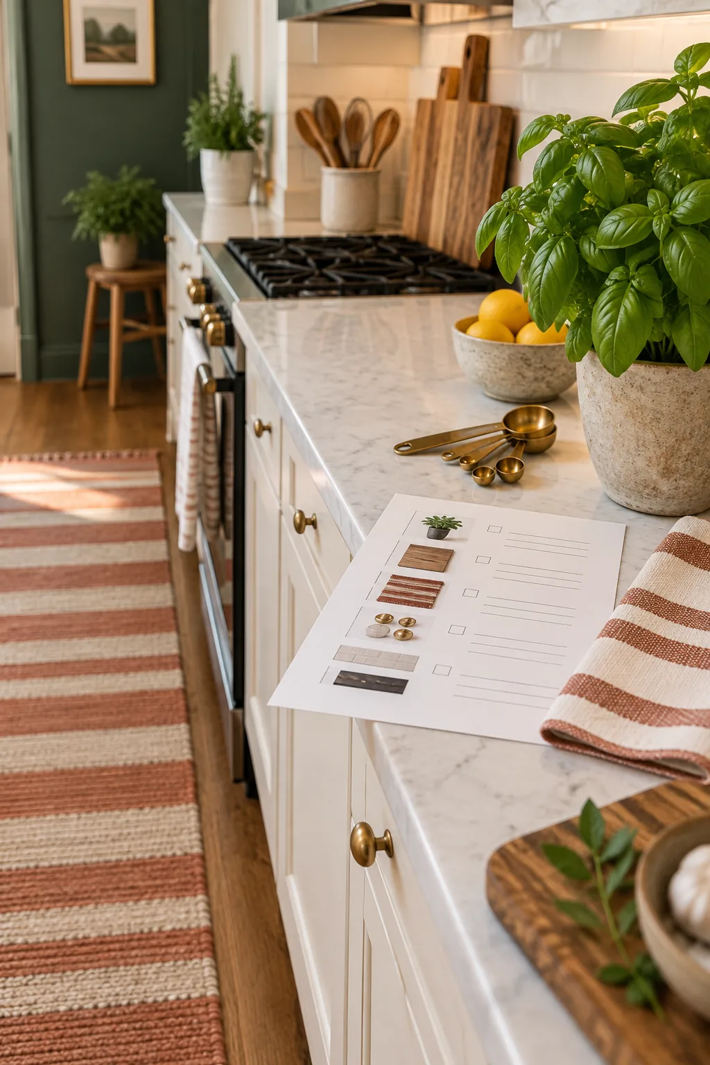 A printed shopping list resting on a kitchen counter next to a potted basil plant and brass measuring spoons.