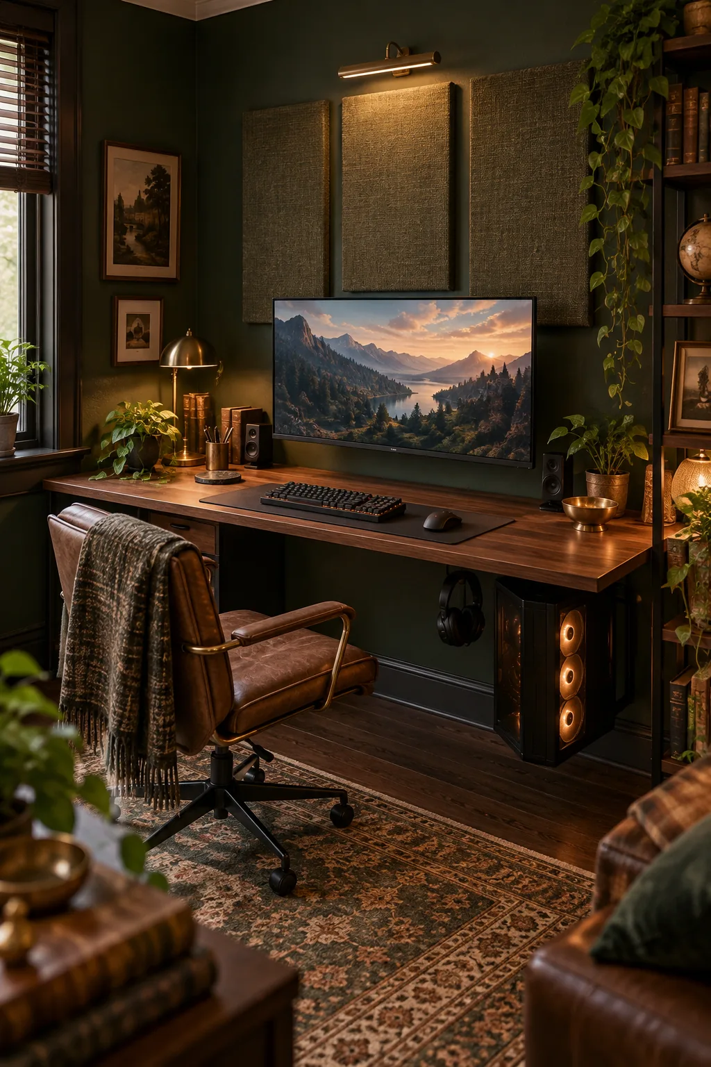 Dark academia gaming setup with a walnut desk and deep green walls.