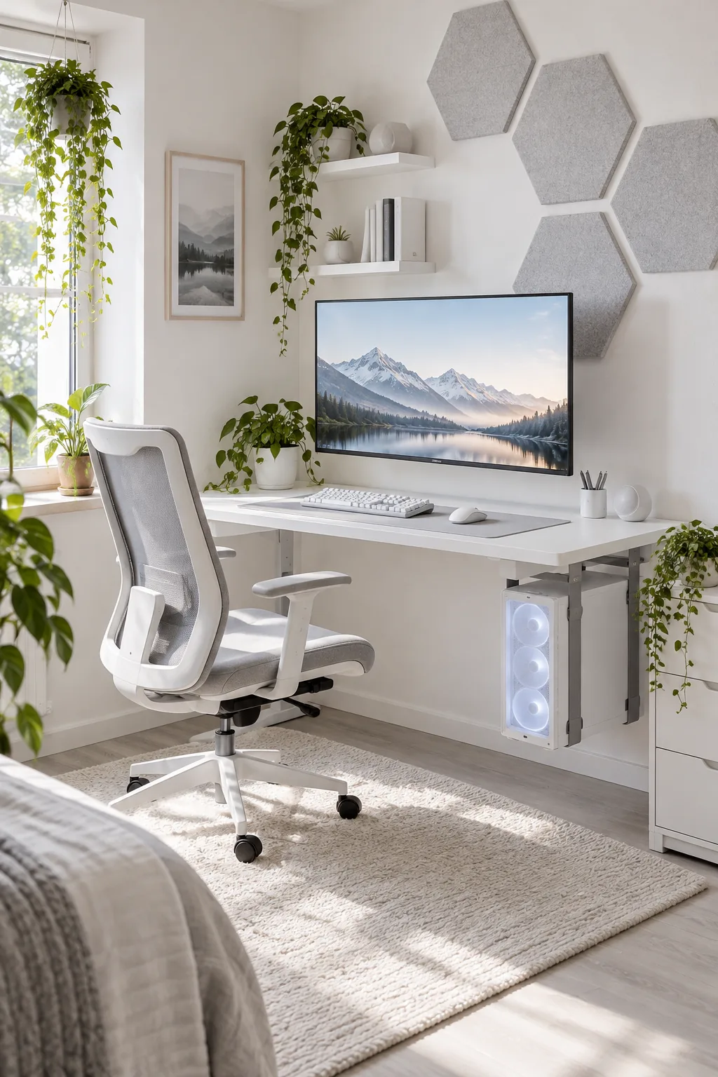 Minimalist all-white gaming setup with a white desk and pale gray panels.