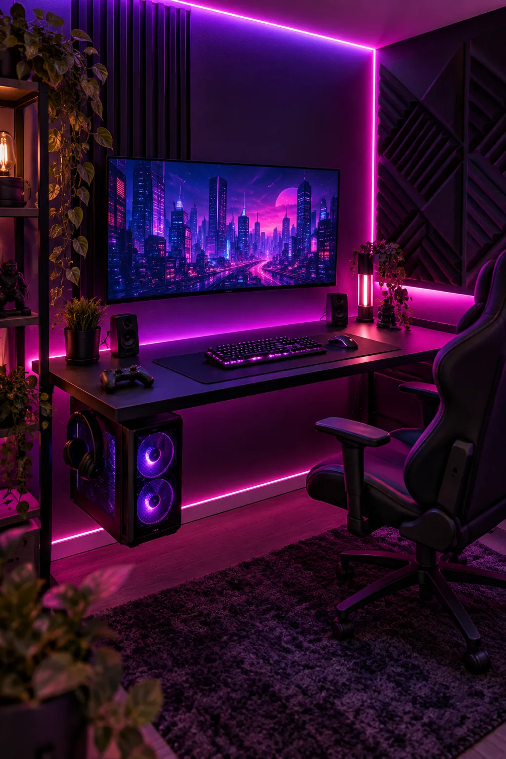 Neon cyberpunk gaming setup with a black desk and purple LED lighting.
