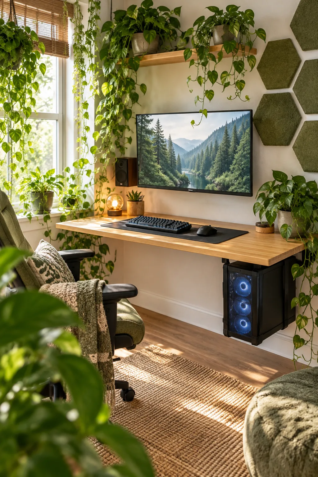Biophilic gaming setup with a bamboo desk, trailing plants, and green panels.