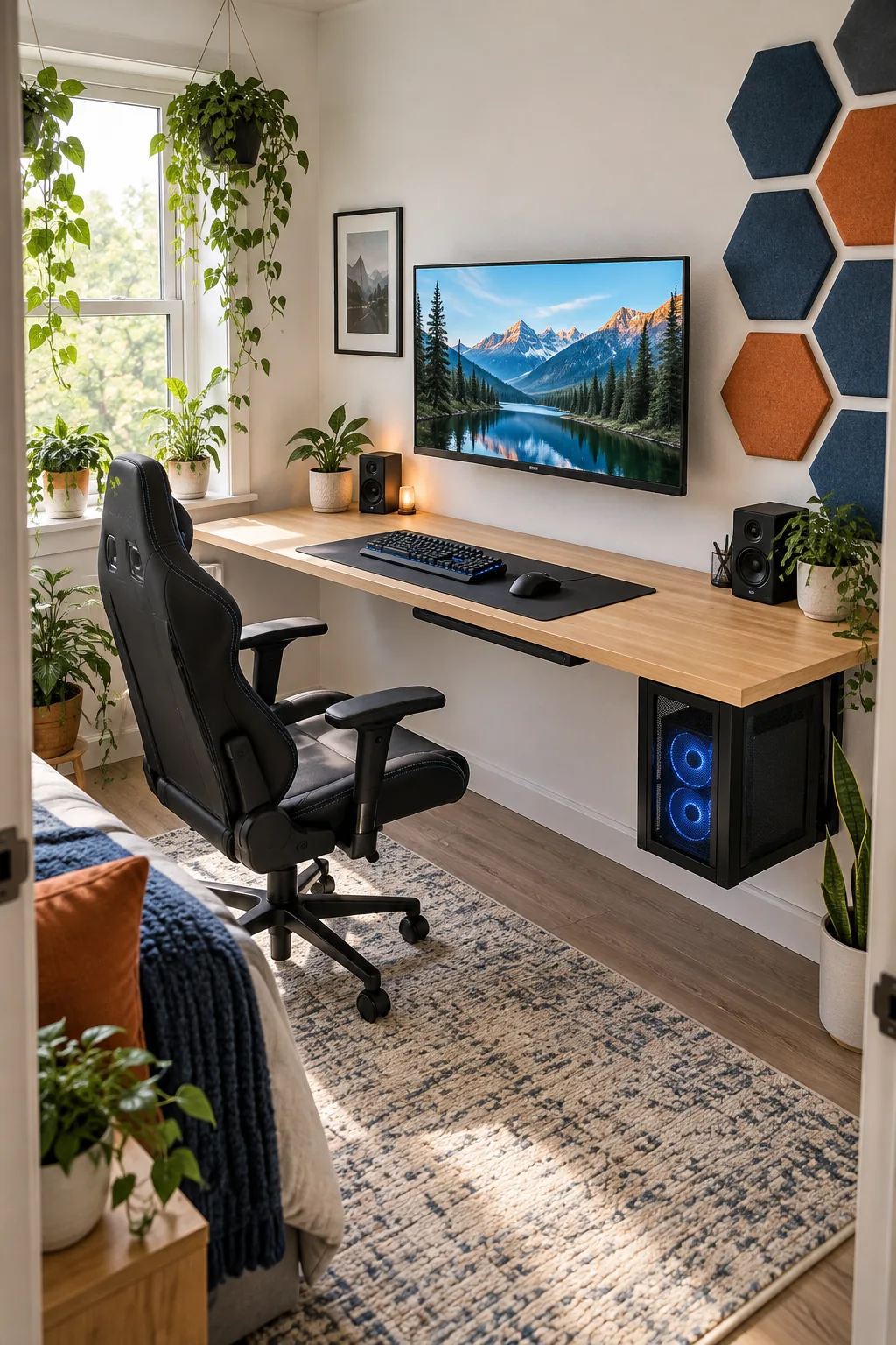 Light oak floating desk surface with a black keyboard and mouse mat in a bright room.