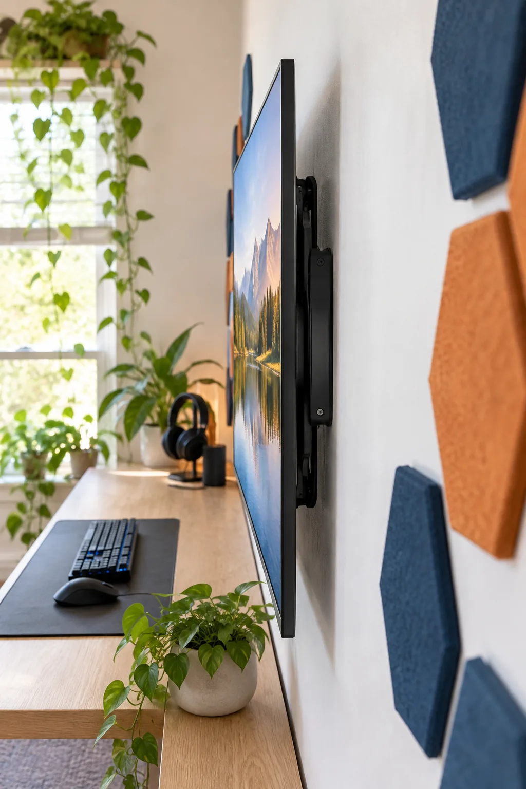 Side view of a flat computer monitor mounted flush against a white wall.