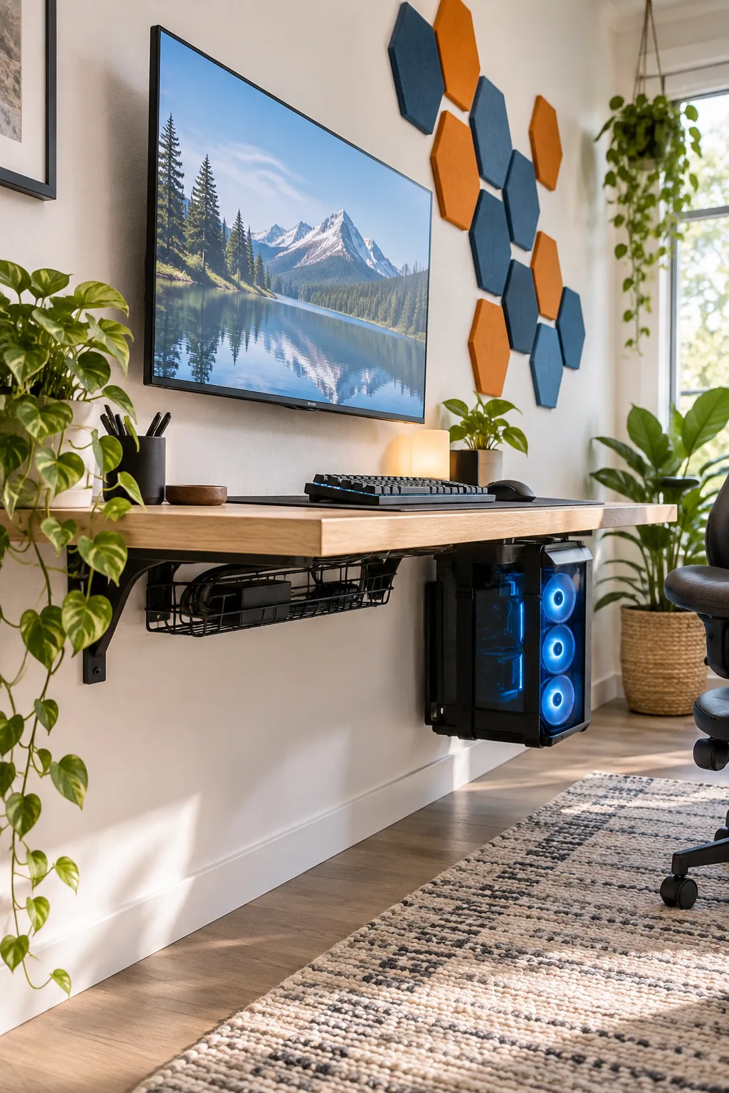 Blue and orange hexagonal acoustic panels arranged on a white wall above a desk.