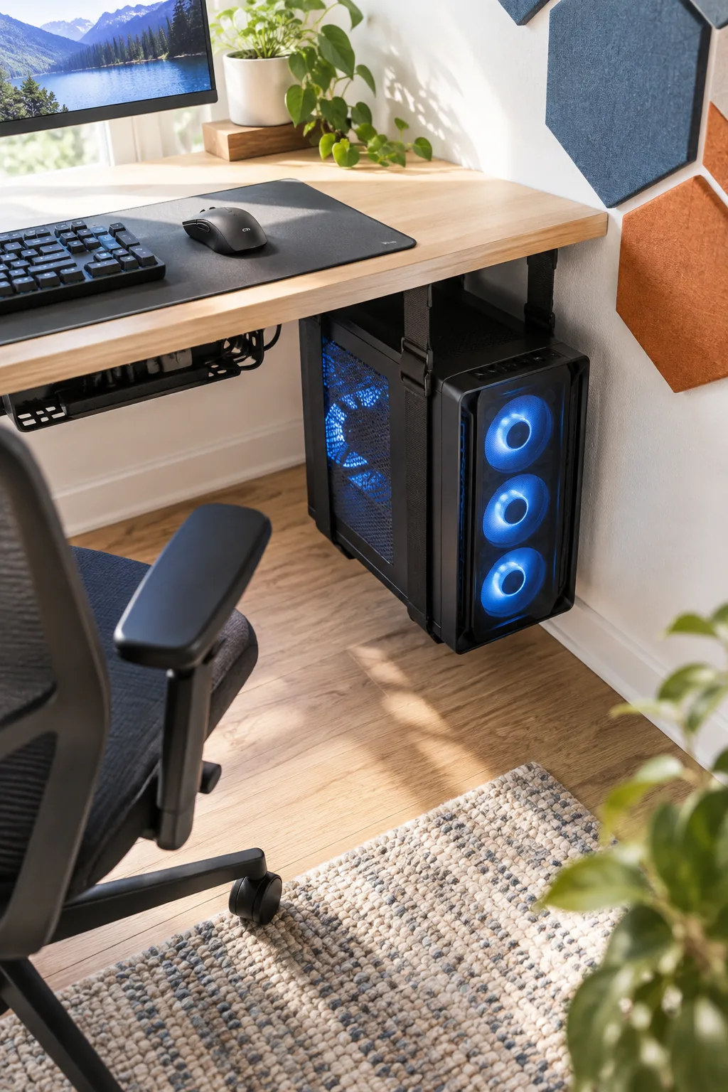 Black wire cable management basket attached under a wooden desk, holding power cords.