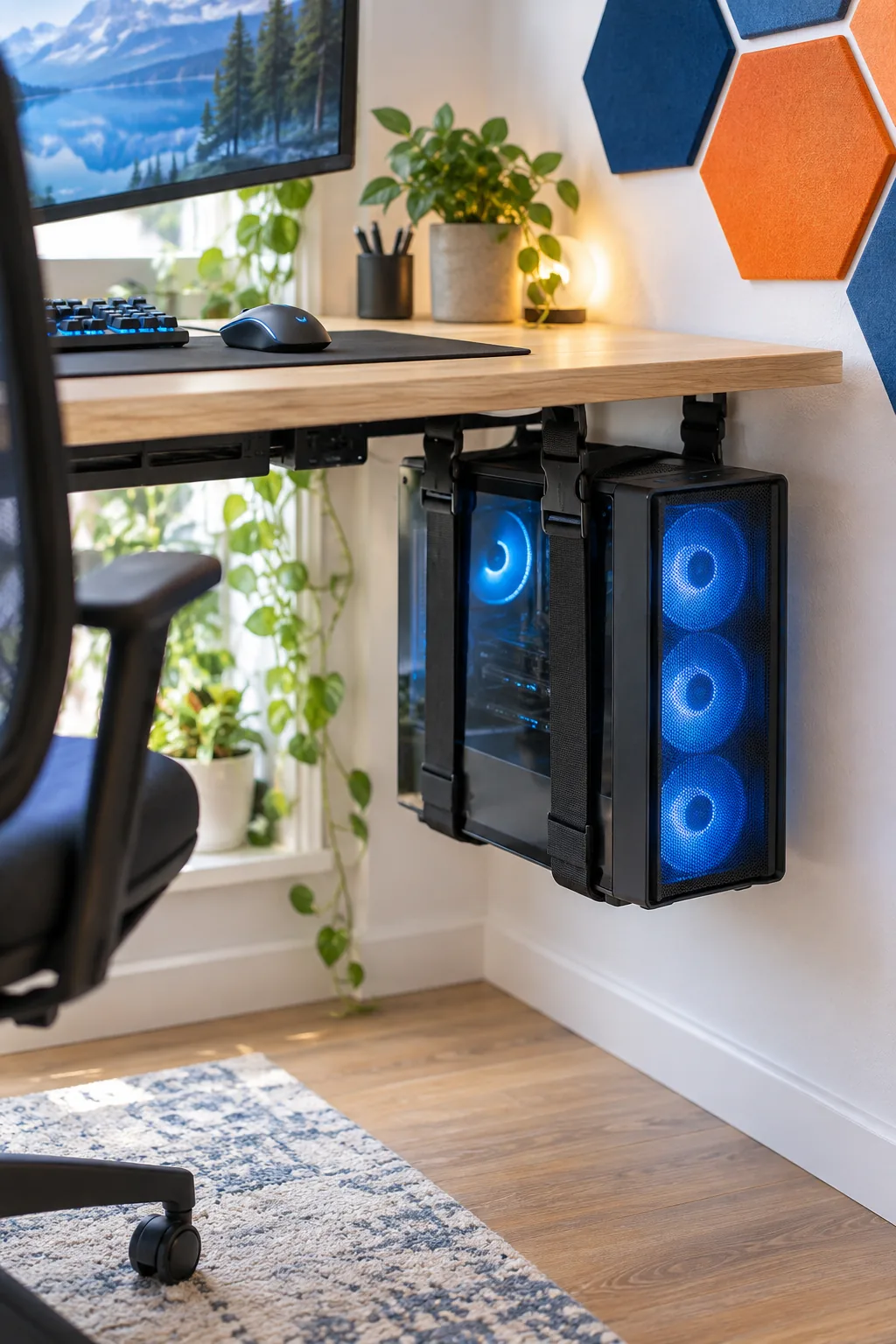 Computer tower with blue LED fans suspended under a desk by black fabric straps.