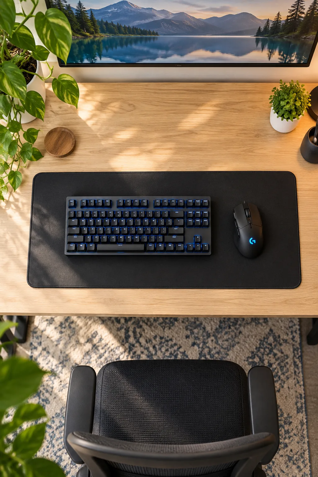 Overhead view of a blue backlit keyboard and mouse on a black desk mat.
