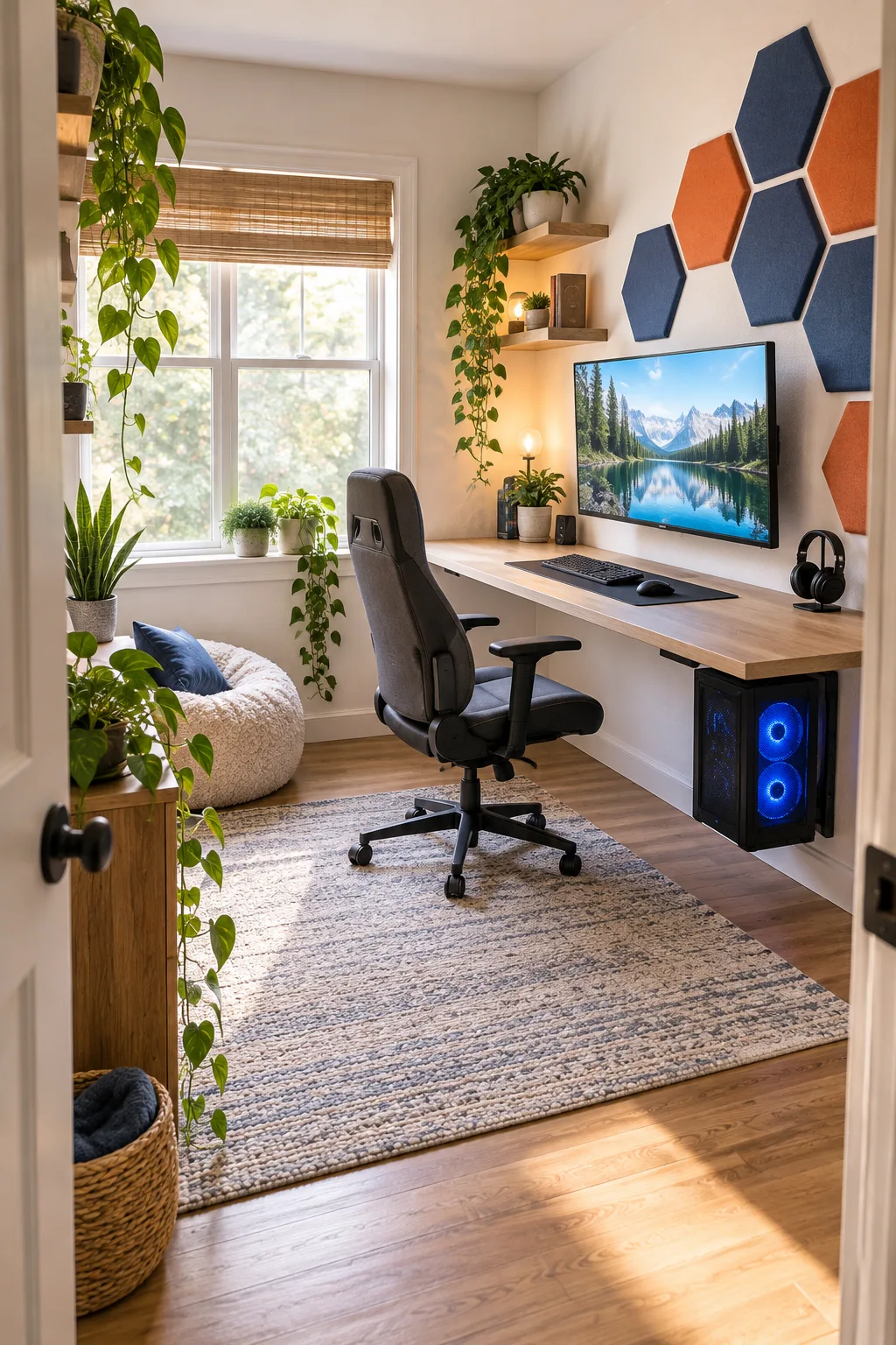 Complete small gaming setup featuring a wall-mounted monitor, floating desk, and acoustic panels.