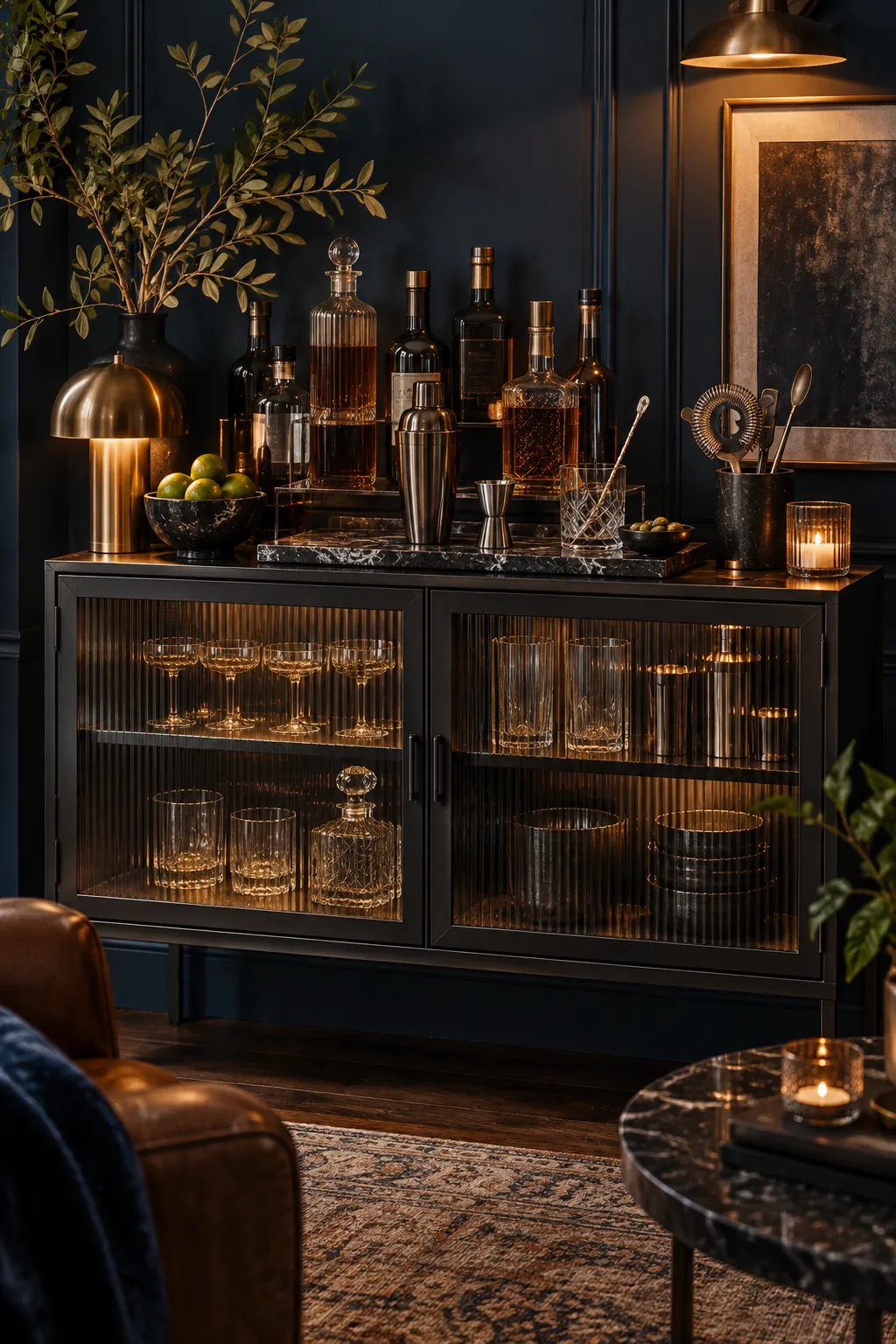 A dark, moody home bar setup on a charcoal cabinet with smoked glass and gunmetal tools.